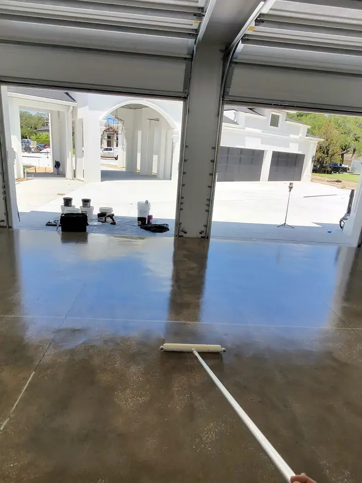 Polished commercial epoxy floor in an open bay